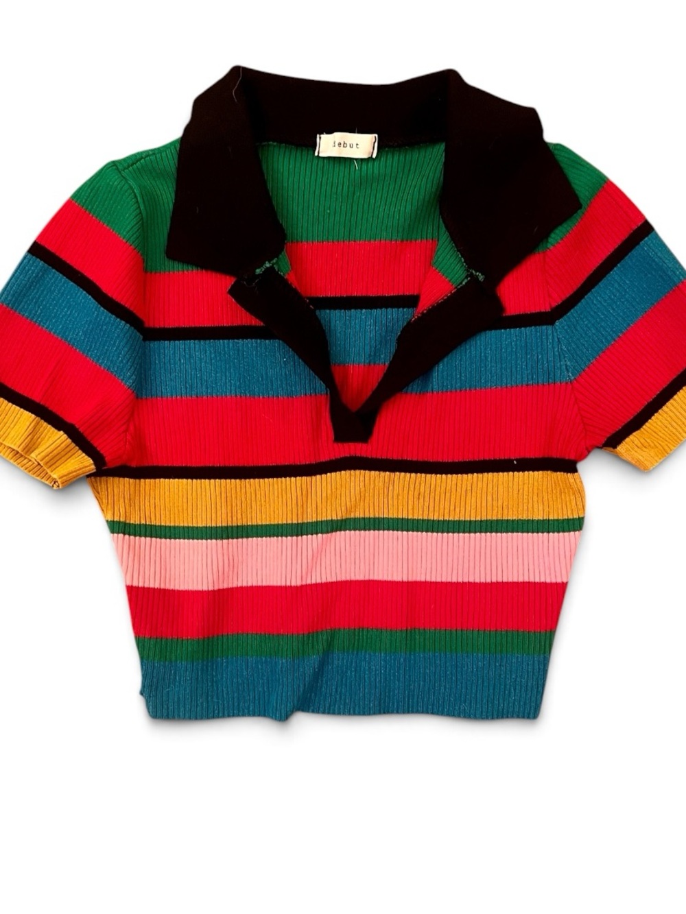 debut Black-Collar Multicolor knit Striped Polo Top